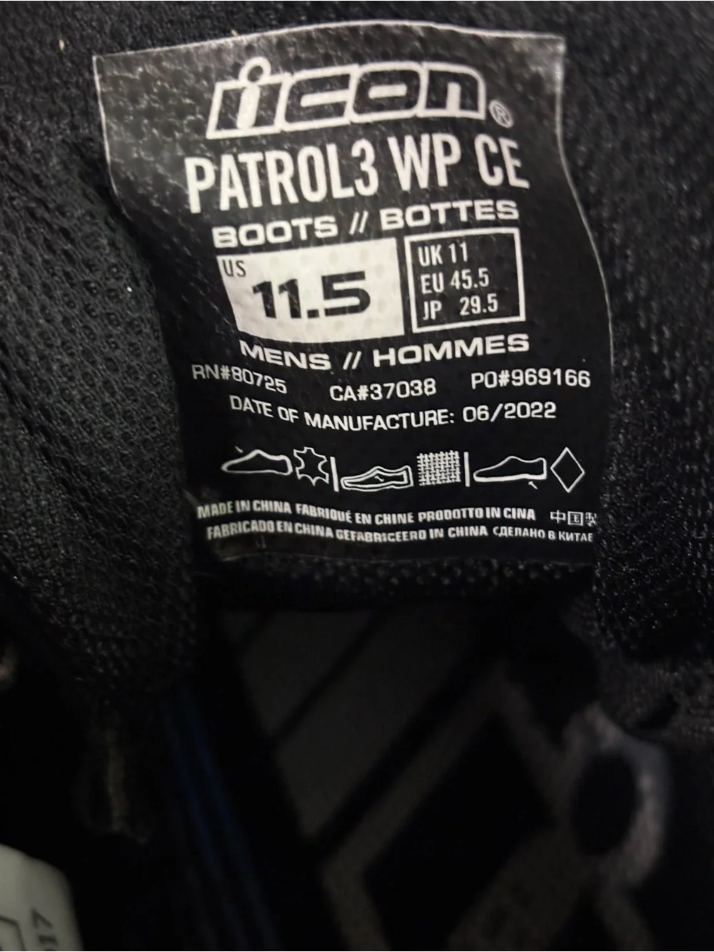 Icon Patrol 3 WP CE Mens Size 11.5 - Waterproof Motorcycle Boots - Black